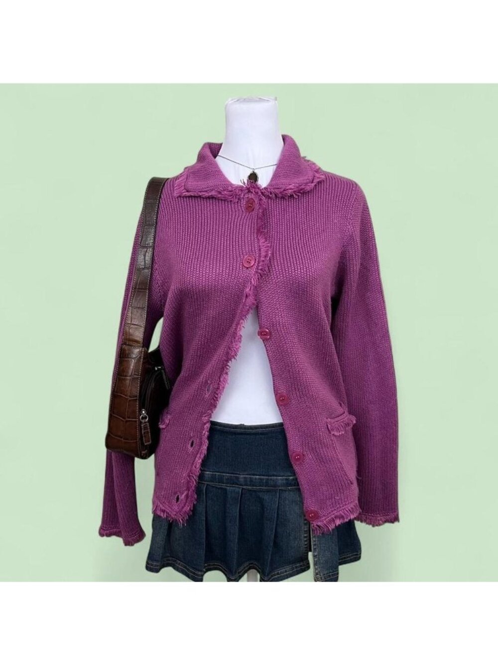 90s magenta preppy girly whimsical boho cardigan with fringe detail